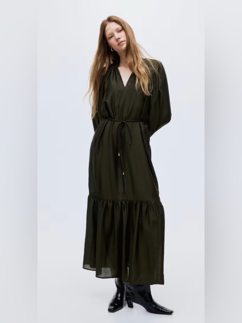 H & M SMOCKED-DETAIL MODEST MAXI/ KAFTAN DRESS, SZ SMALL